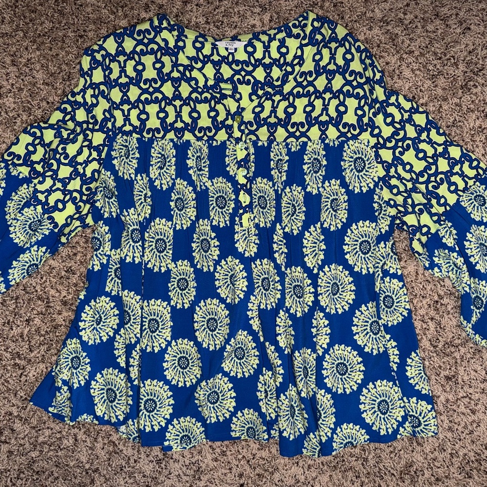 Crown & Ivy Blue and Yellow Patterned Blouse